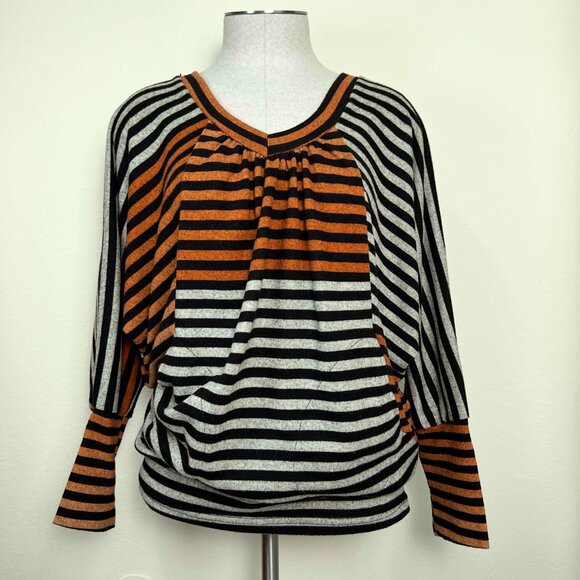 PATTERN Brown Orange & Oatmeal Striped V-Neck Dolman 3/4 Sleeve Top w/Pockets L - Picture 2 of 11